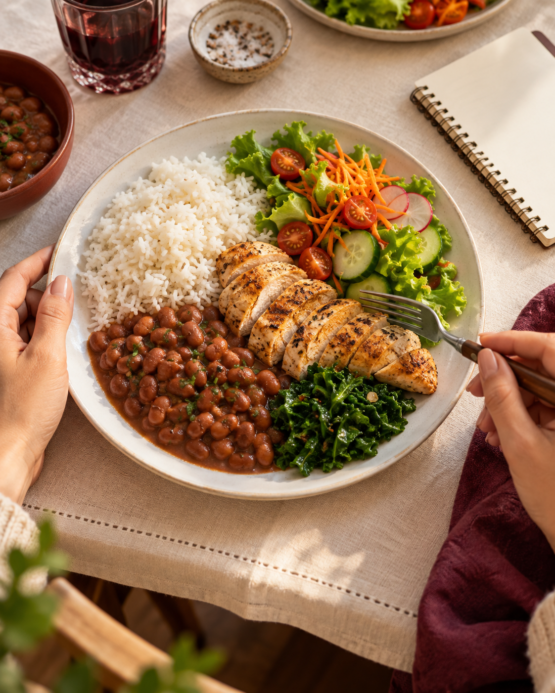 Refeição com arroz, feijão, frango e vegetais em uma mesa do dia a dia
